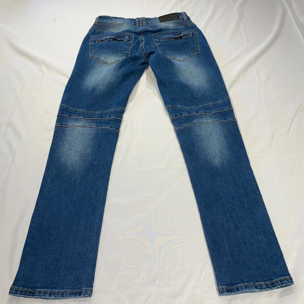 Mens Blue Moto Biker Jeans Slim Fit Ribbed Knee Zipper Detail Size 28x30